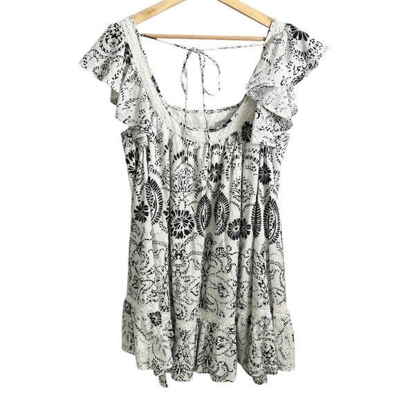 Maeve Flutter Sleeve Babydoll Cottagecore Mini Dress White Black M Boho Coastal - Picture 3 of 11